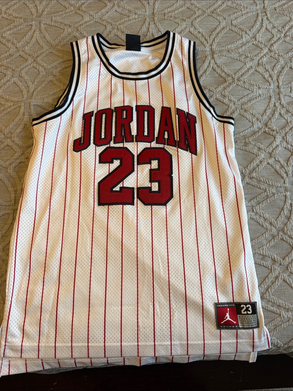 Jordan White & Red Pinstriped 23 Basketball Jersey